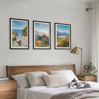 Fotowand met strand, vuurtoren, bergen en bloemen