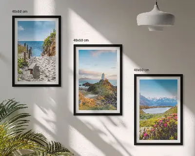 Fotowand met strand, vuurtoren, bergen en bloemen