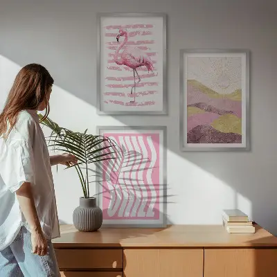 Fotowand met pastelkleurig landschap met roze flamingo