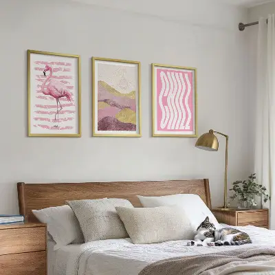 Fotowand met pastelkleurig landschap met roze flamingo