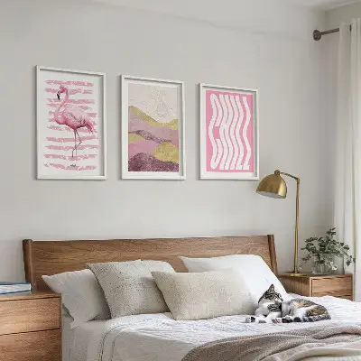 Fotowand met pastelkleurig landschap met roze flamingo