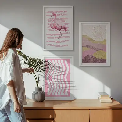 Fotowand met pastelkleurig landschap met roze flamingo