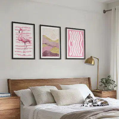 Fotowand met pastelkleurig landschap met roze flamingo