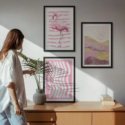 Fotowand met pastelkleurig landschap met roze flamingo