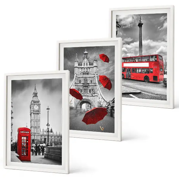 Wanddecoratieset schilderijen met rode telefooncel, paraplu en Londense bus