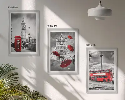 Wanddecoratieset schilderijen met rode telefooncel, paraplu en Londense bus