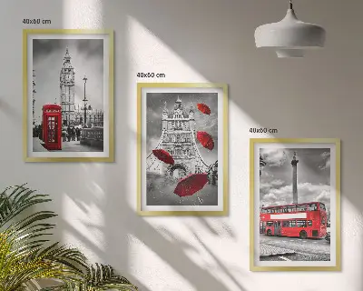 Wanddecoratieset schilderijen met rode telefooncel, paraplu en Londense bus