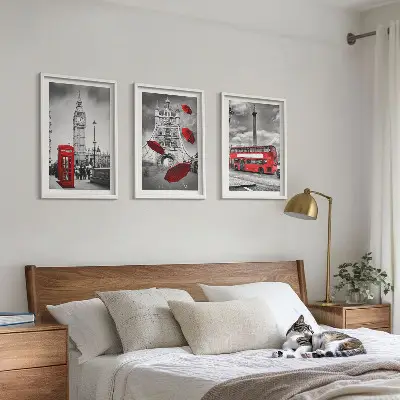 Wanddecoratieset schilderijen met rode telefooncel, paraplu en Londense bus