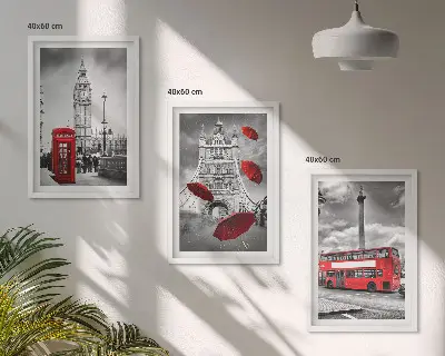 Wanddecoratieset schilderijen met rode telefooncel, paraplu en Londense bus