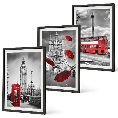 Wanddecoratieset schilderijen met rode telefooncel, paraplu en Londense bus