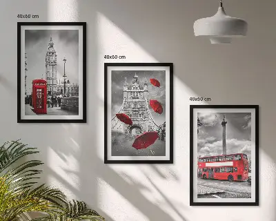 Wanddecoratieset schilderijen met rode telefooncel, paraplu en Londense bus
