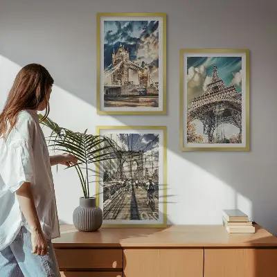 Wanddecoratieset schilderijen Europese stadsgezichten met bruggen en torens