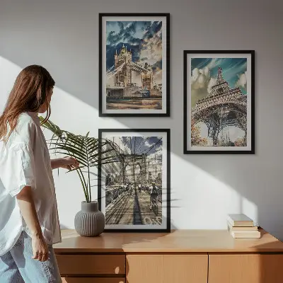 Wanddecoratieset schilderijen Europese stadsgezichten met bruggen en torens
