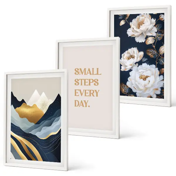 Wanddecoratieset schilderijen met abstracte bergen en bloemen