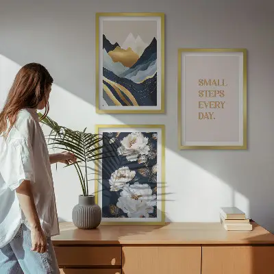 Wanddecoratieset schilderijen met abstracte bergen en bloemen