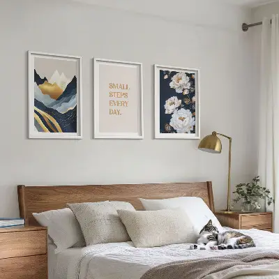 Wanddecoratieset schilderijen met abstracte bergen en bloemen