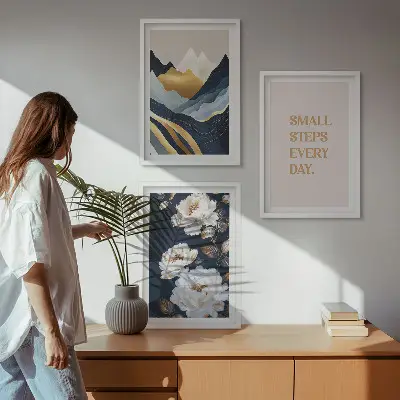 Wanddecoratieset schilderijen met abstracte bergen en bloemen