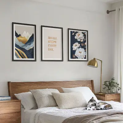 Wanddecoratieset schilderijen met abstracte bergen en bloemen