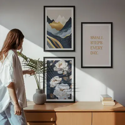 Wanddecoratieset schilderijen met abstracte bergen en bloemen