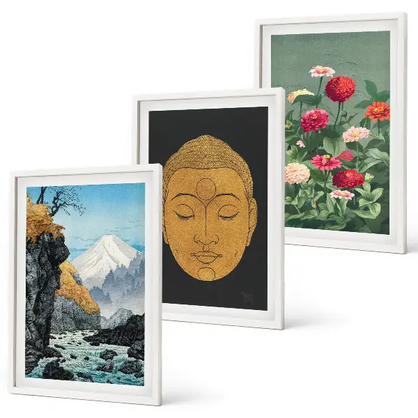 Set schilderijen voor wanddecoratie met Japanse natuur en Japandi cultuur