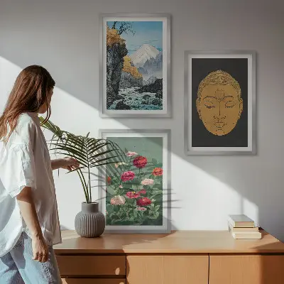 Set schilderijen voor wanddecoratie met Japanse natuur en Japandi cultuur