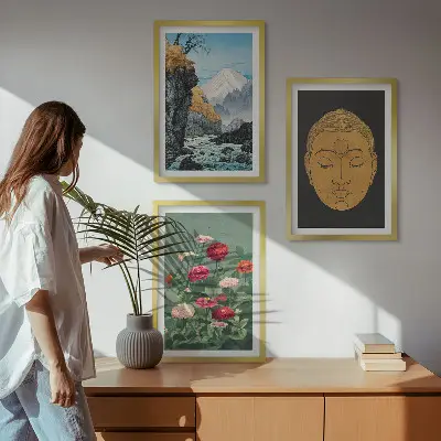 Set schilderijen voor wanddecoratie met Japanse natuur en Japandi cultuur