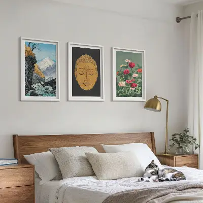 Set schilderijen voor wanddecoratie met Japanse natuur en Japandi cultuur