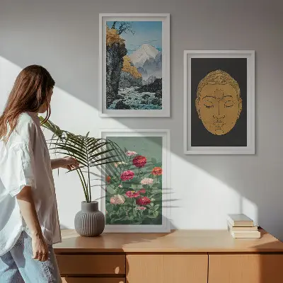 Set schilderijen voor wanddecoratie met Japanse natuur en Japandi cultuur