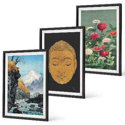 Set schilderijen voor wanddecoratie met Japanse natuur en Japandi cultuur