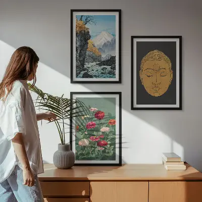 Set schilderijen voor wanddecoratie met Japanse natuur en Japandi cultuur