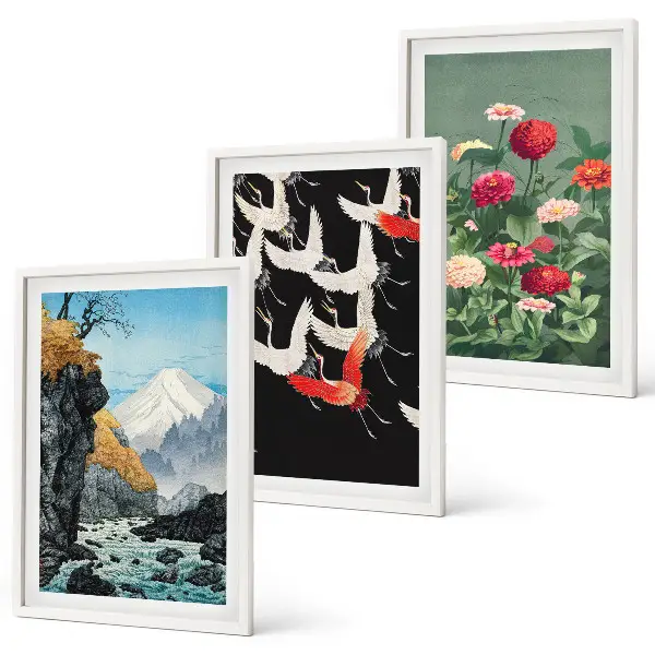Wanddecoratieset met schilderijen met afbeeldingen van bergen, watervallen, vogels en bloemen