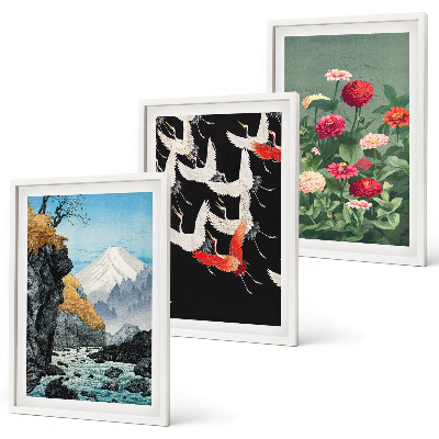 Wanddecoratie set schilderijen Góry wodospad ptaki kwiaty