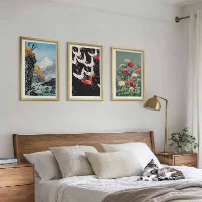 Wanddecoratieset met schilderijen met afbeeldingen van bergen, watervallen, vogels en bloemen