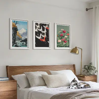 Wanddecoratieset met schilderijen met afbeeldingen van bergen, watervallen, vogels en bloemen