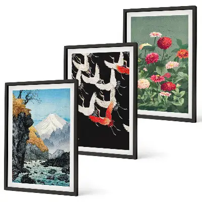 Wanddecoratieset met schilderijen met afbeeldingen van bergen, watervallen, vogels en bloemen
