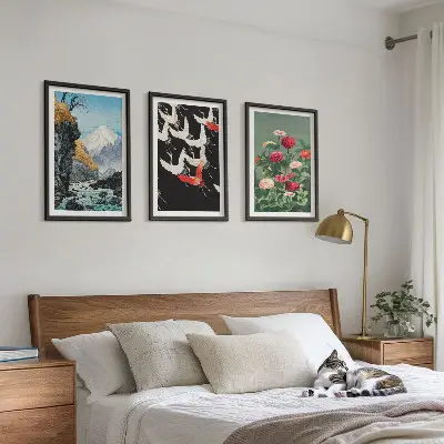Wanddecoratieset met schilderijen met afbeeldingen van bergen, watervallen, vogels en bloemen