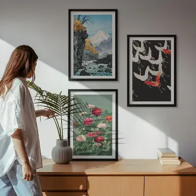 Wanddecoratieset met schilderijen met afbeeldingen van bergen, watervallen, vogels en bloemen
