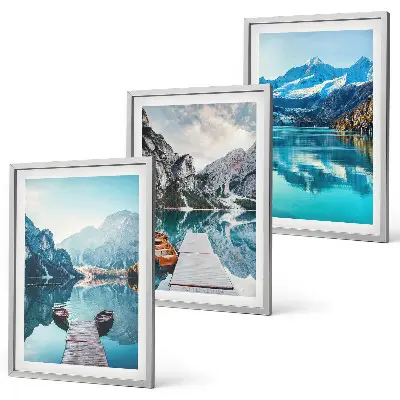 Wanddecoratieset schilderijen met bergmeer en reflectie van boten
