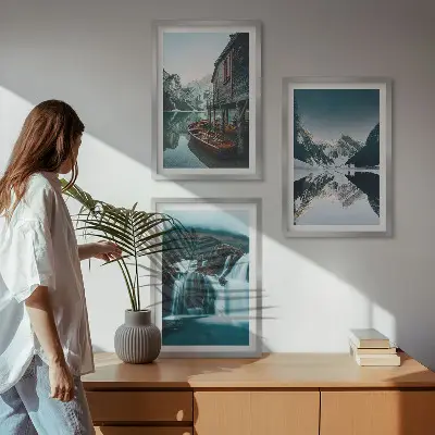 Fotowand met berglandschappen, watervallen en een meer