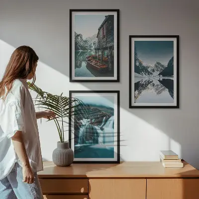 Fotowand met berglandschappen, watervallen en een meer