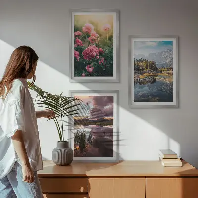 Wanddecoratie set schilderijen met afbeeldingen van bloemen, een tuin, bergen en water