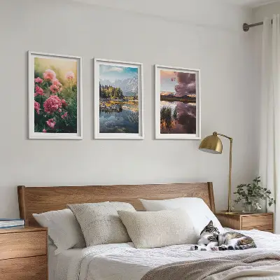Wanddecoratie set schilderijen met afbeeldingen van bloemen, een tuin, bergen en water