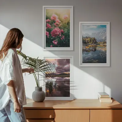 Wanddecoratie set schilderijen met afbeeldingen van bloemen, een tuin, bergen en water
