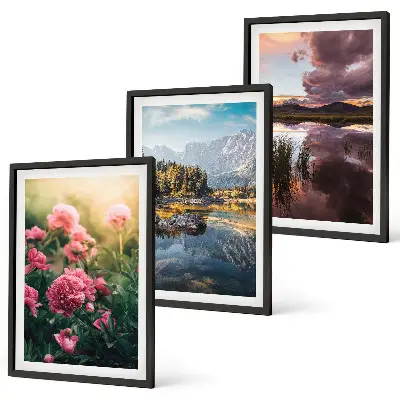 Wanddecoratie set schilderijen met afbeeldingen van bloemen, een tuin, bergen en water