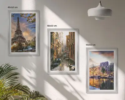 Fotowand met afbeelding van de Eiffeltoren, de kanalen van Venetië en Amsterdam