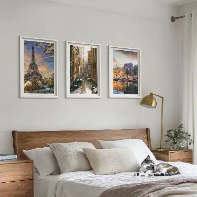 Fotowand met afbeelding van de Eiffeltoren, de kanalen van Venetië en Amsterdam