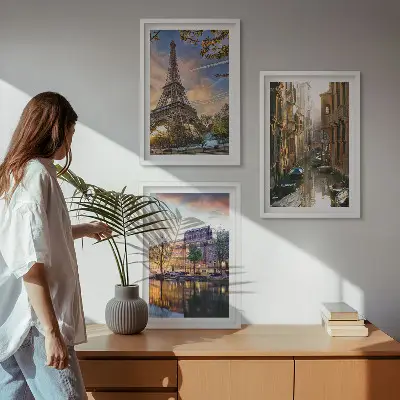 Fotowand met afbeelding van de Eiffeltoren, de kanalen van Venetië en Amsterdam