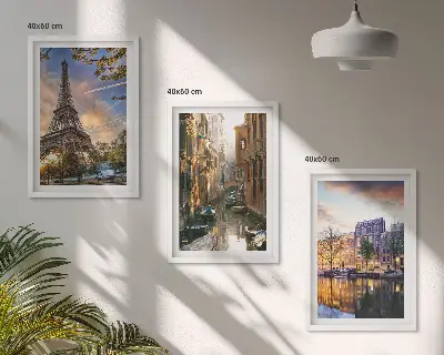 Fotowand met afbeelding van de Eiffeltoren, de kanalen van Venetië en Amsterdam