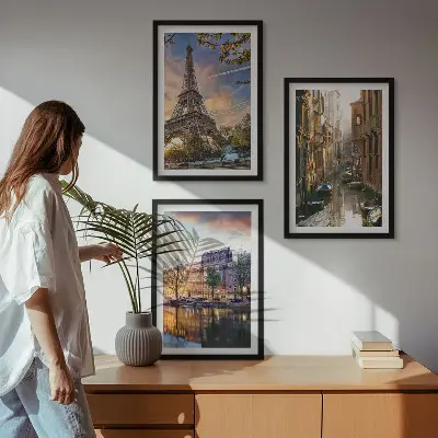 Fotowand met afbeelding van de Eiffeltoren, de kanalen van Venetië en Amsterdam