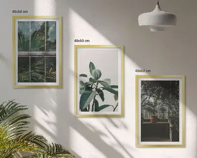 Wanddecoratieset schilderijen groene bladeren bij een raam met planten